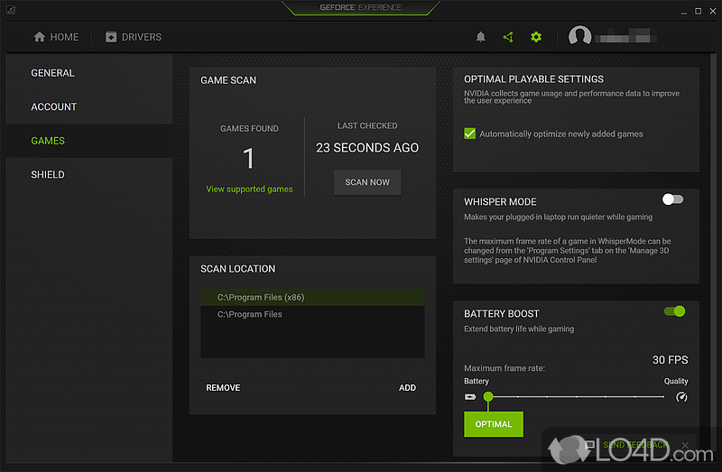 Optimizes your game settings - Screenshot of GeForce Experience