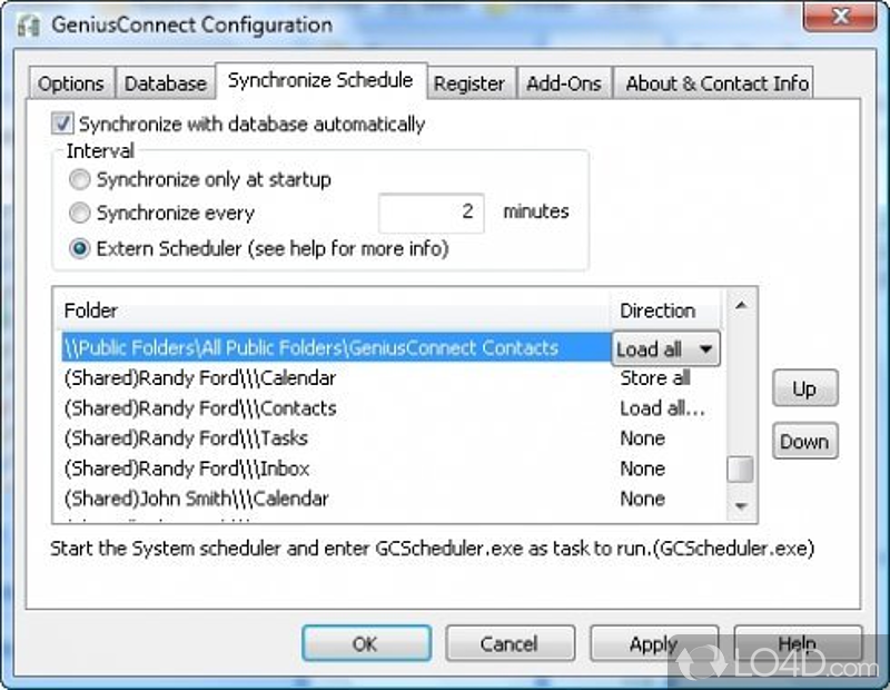 Synchronize MS Outlook data with any relational database that supports ODBC - Screenshot of GeniusConnect
