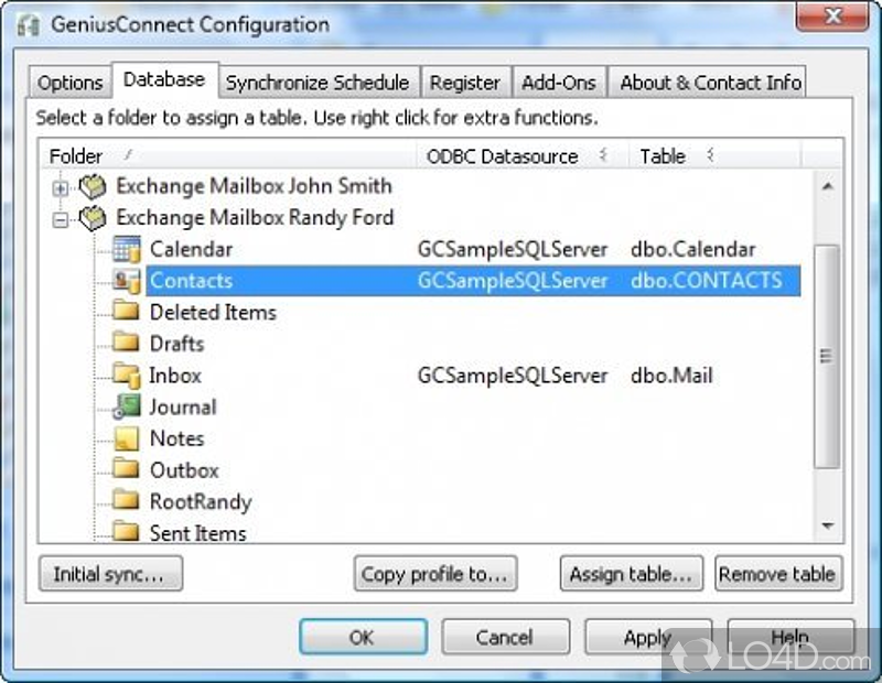 Synchronize folders between Microsoft Outlook and a SQL database with ODBC support - Screenshot of GeniusConnect