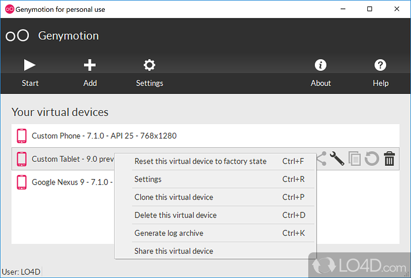 Connect to the Android SDK or Eclipse and control all device sensors - Screenshot of Genymotion