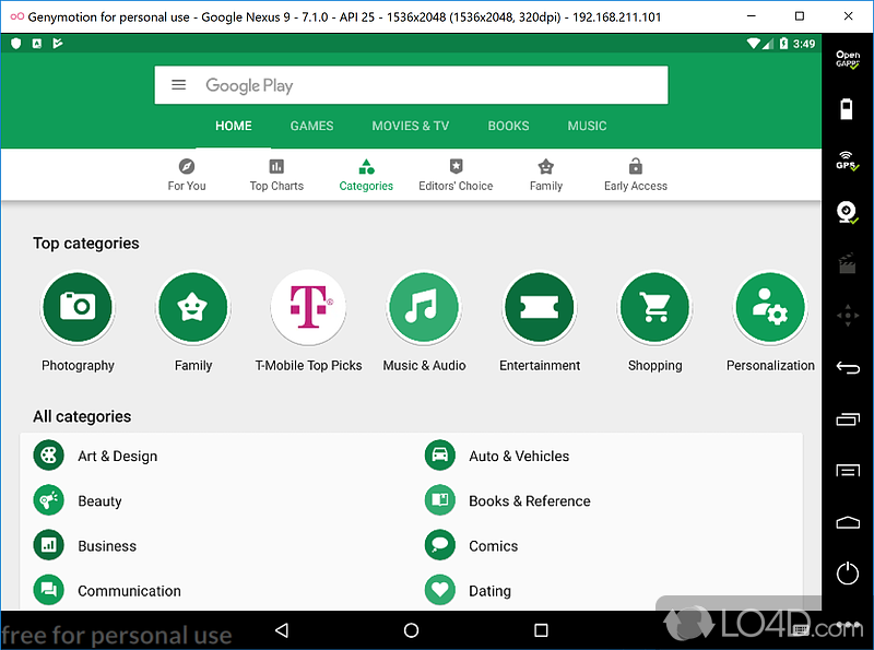 Support for all devices with Android and cloud storage - Screenshot of Genymotion Free