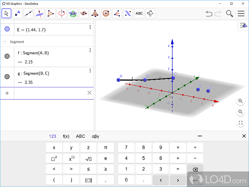 Geometry, algebra, Pythagoras's Theorem and math in graphs - Screenshot of GeoGebra Portable
