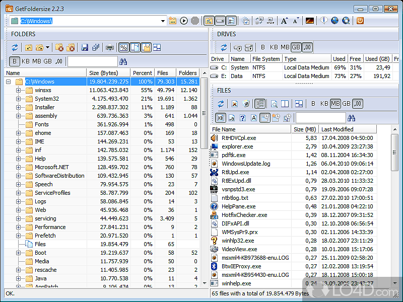 Analyzes a folder's structure and retrieves detailed information about occupied disk space - Screenshot of GetFoldersize