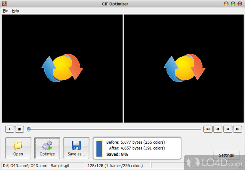 Optimize and compress animated GIF files and save up to 90 percent of their size - Screenshot of GIF Optimizer