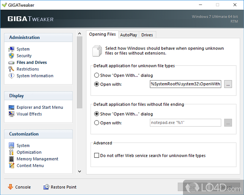 Tweak settings, values and optimize Windows system transparently - Screenshot of GIGATweaker