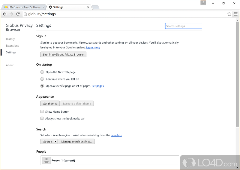 Adjust additional browsing parameters - Screenshot of Globus VPN Browser