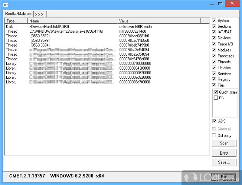 Tabbed program which can easily perform a deep scan of entire system for rootkits - Screenshot of GMER