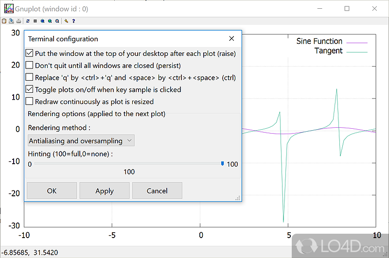 Generate 2D and 3D plots of functions, data, and data fits - Screenshot of gnuplot