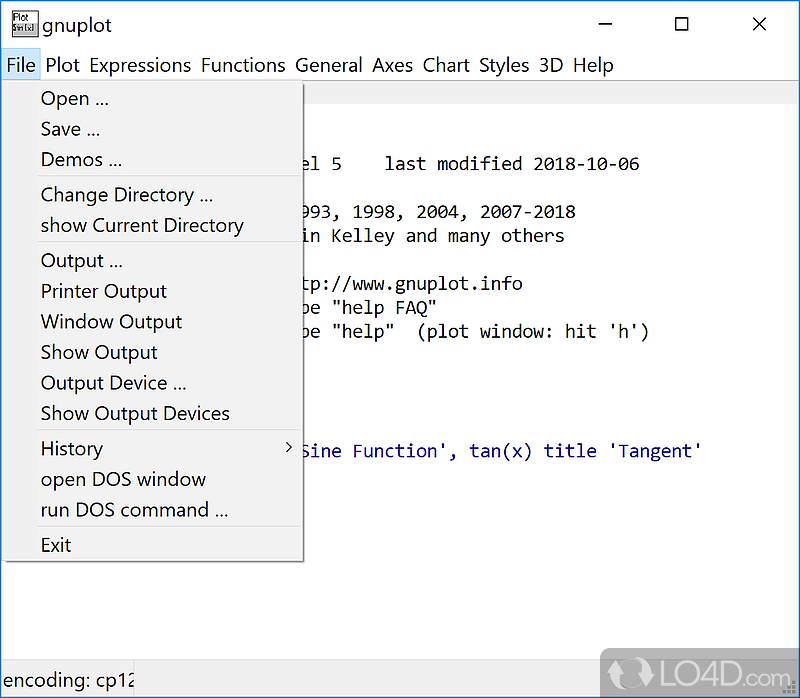 Interactive screen display: - Screenshot of gnuplot