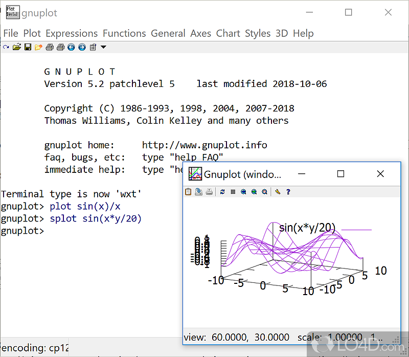 Powerful and app designed with the main purpose of plotting graphs in 2D and 3D views using mathematical data - Screenshot of gnuplot