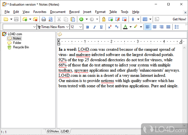 GSNotes: User interface - Screenshot of GSNotes