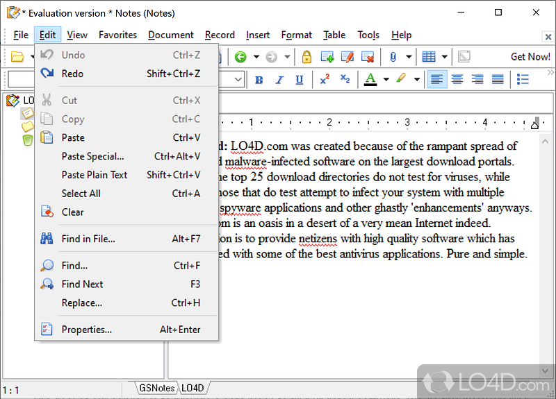 GSNotes: User interface - Screenshot of GSNotes