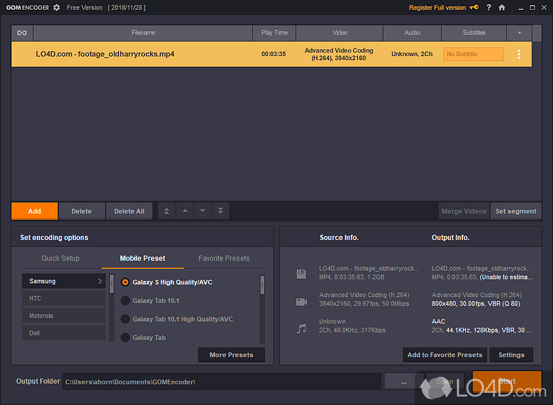 Build up the input list of files and configure the output settings - Screenshot of GOM Encoder