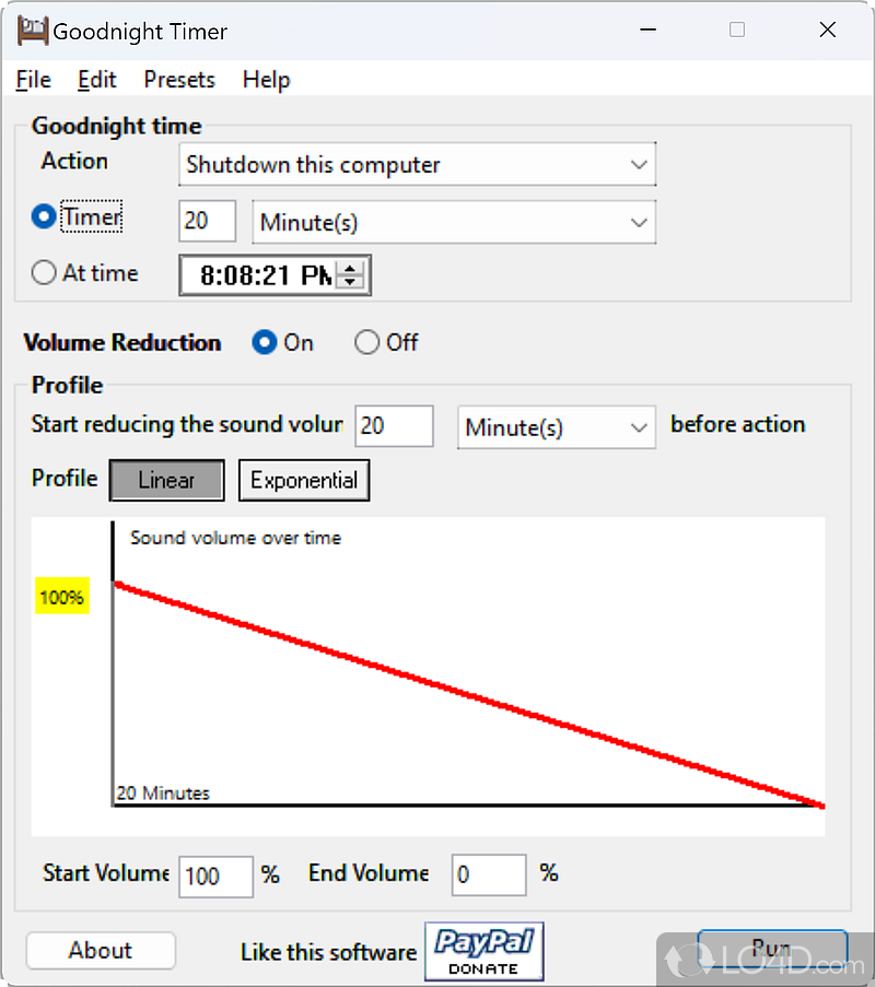 Shut down computer at a given time, with the possibility to have volume reduced over time, thanks to this practical app - Screenshot of Goodnight Timer