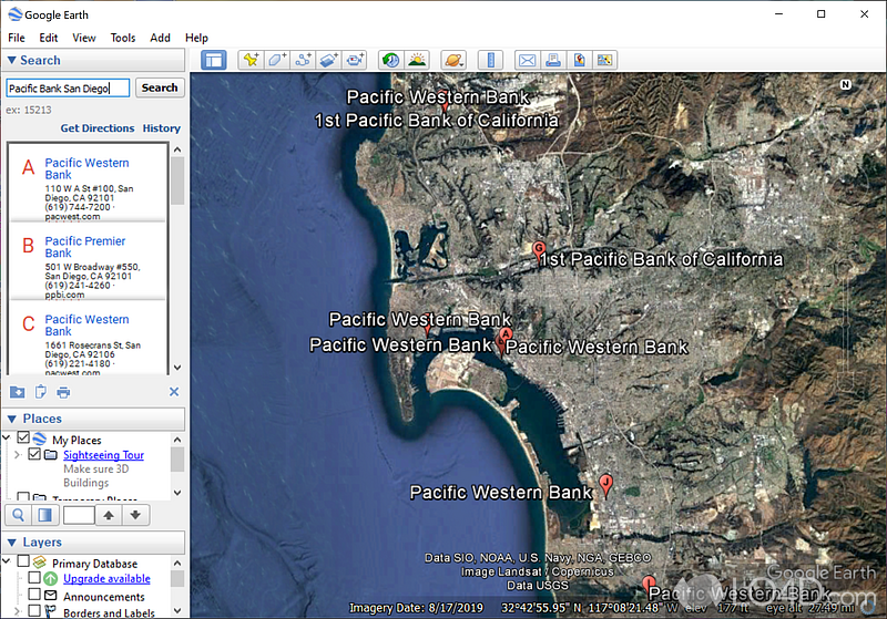 You can see maps and geographic locations from satellite - Screenshot of Google Earth