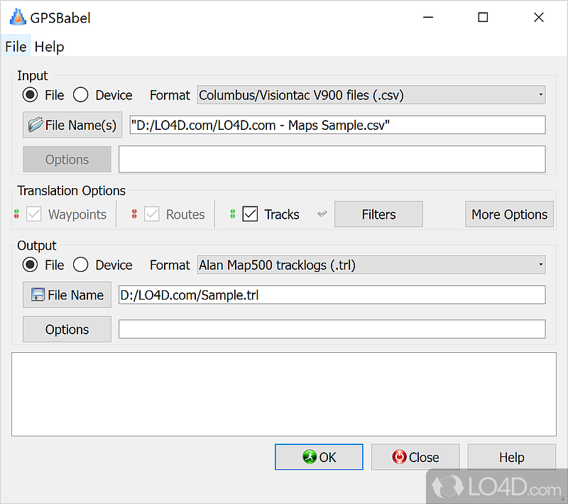 Convert between waypoints, tracks and various routes and to most common mapping formats - Screenshot of GPSBabel