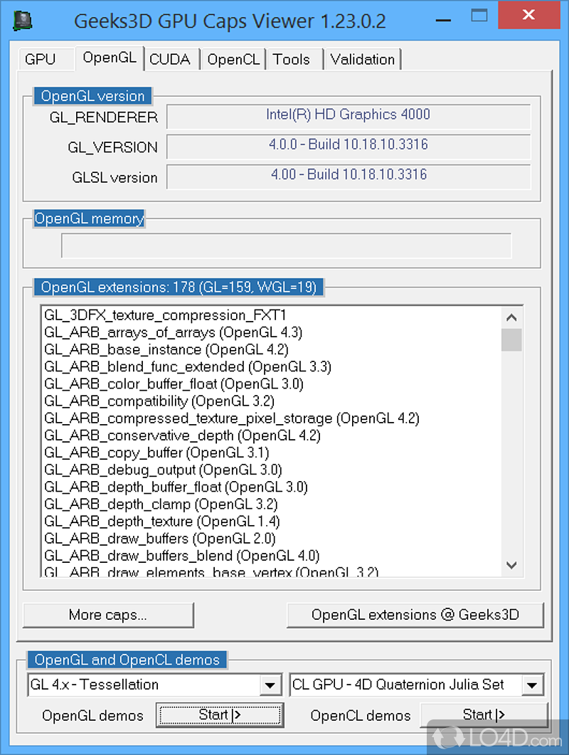 Quick view of the graphics configuration (Graphics card / GPU type) - Screenshot of GPU Caps Viewer Portable