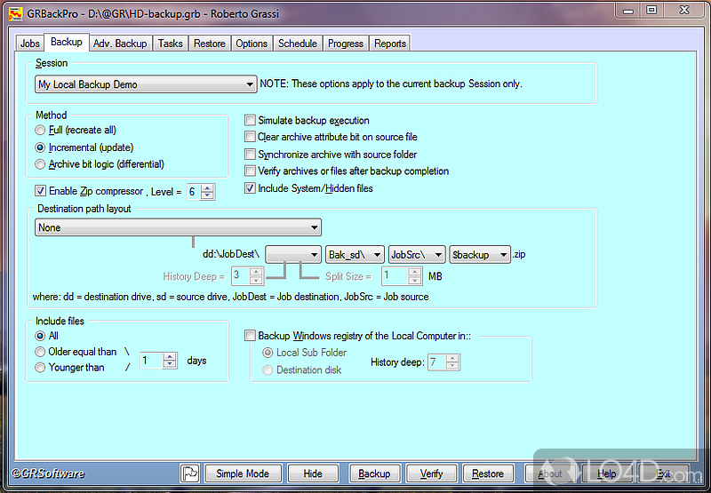 Backup and password-protect files - Screenshot of GRBackPro