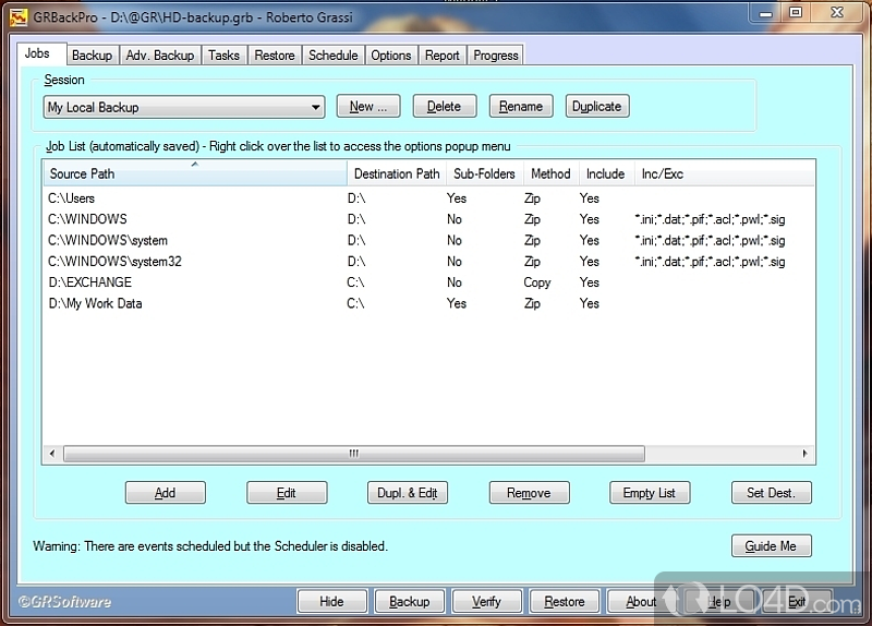 Backup, verify and restore important data on computer, create scheduled jobs and custom events - Screenshot of GRBackPro