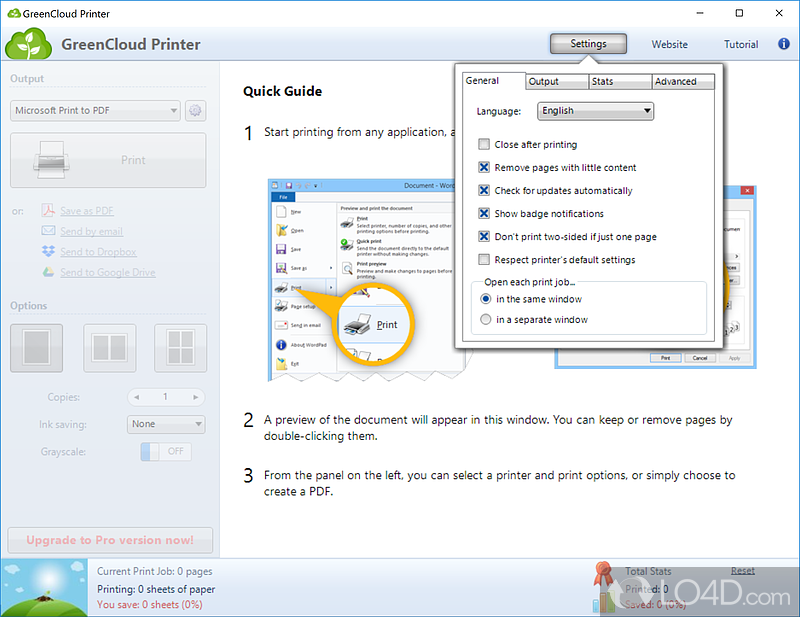 Quick selection of layout - Screenshot of GreenCloud Printer