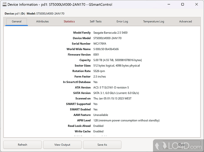 Get technical specification data - Screenshot of GSmartControl