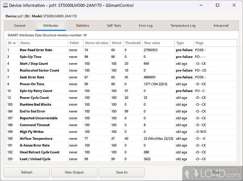 Run tests to find damaged sections - Screenshot of GSmartControl