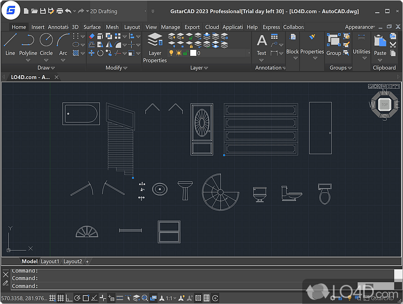 Complex interface that offers a cluttered layout, filled with numerous tools for handling 3D data - Screenshot of GstarCAD