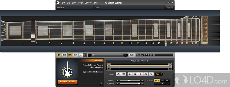 Helps users improves their guitar playing skills by selecting from different preset songs - Screenshot of Guitar Guru