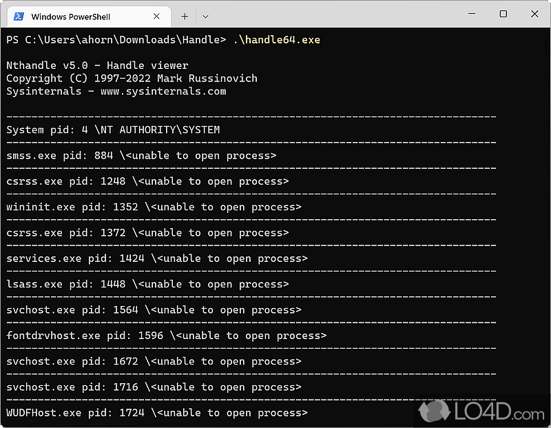 CLI tool to search for apps that have files or directories opened and to view information on them - Screenshot of Handle