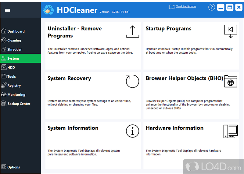 Efficient optimizer tool that shelters several additional functions - Screenshot of HD Cleaner