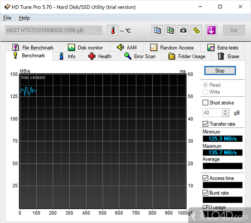 Put hard disk drive under the scope to get in-dept info regarding transfer rate, access time, burst speed, damaged blocks - Screenshot of HD Tune Pro