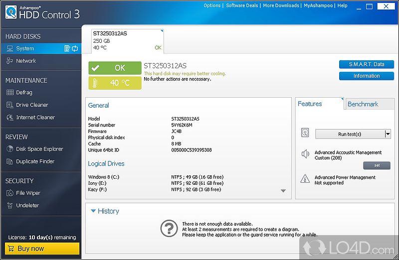 Software utility that enables users to monitor, maintain - Screenshot of Ashampoo HDD Control
