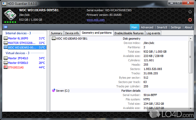 Front-end to the smartctl tool included with Windows - Screenshot of HDD Guardian