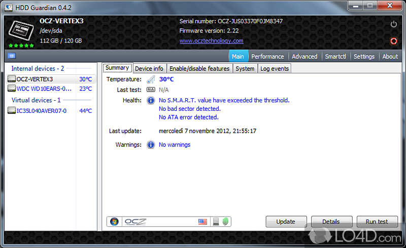 Software solution that relies on smartctl to get detailed information about hard disk - Screenshot of HDD Guardian