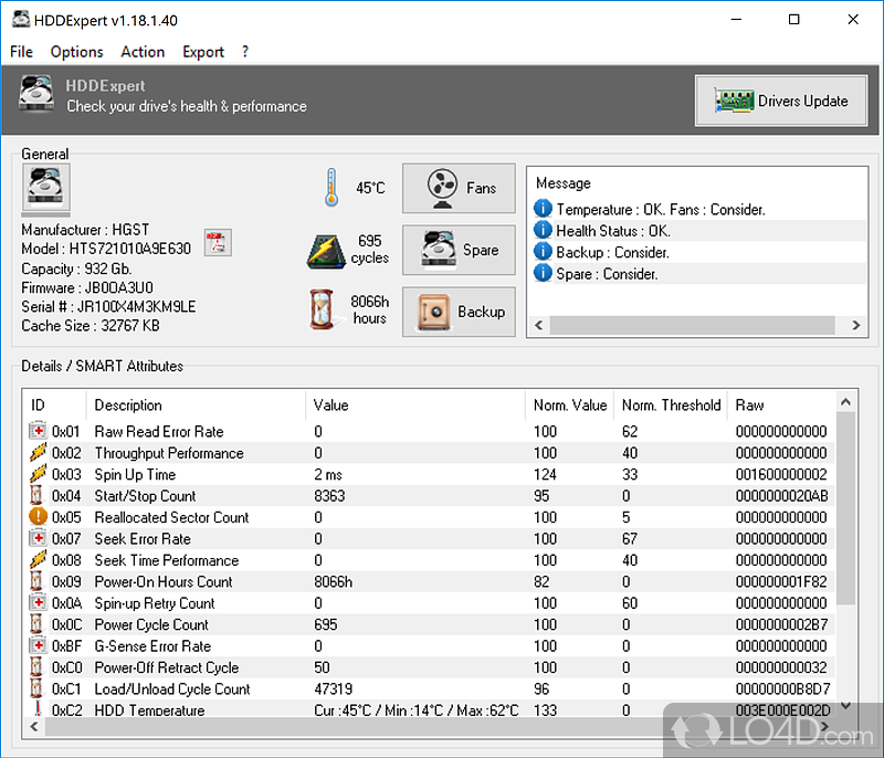 Quickly view information regarding the current health status - Screenshot of HDDExpert Portable