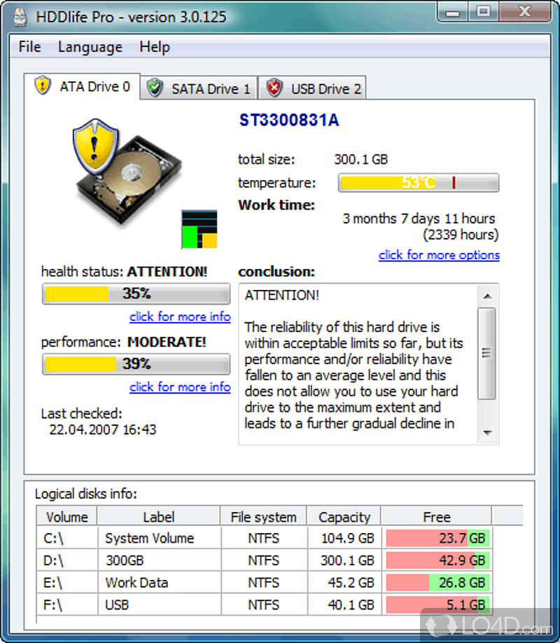 Verify temperature and set alerts - Screenshot of HDDlife