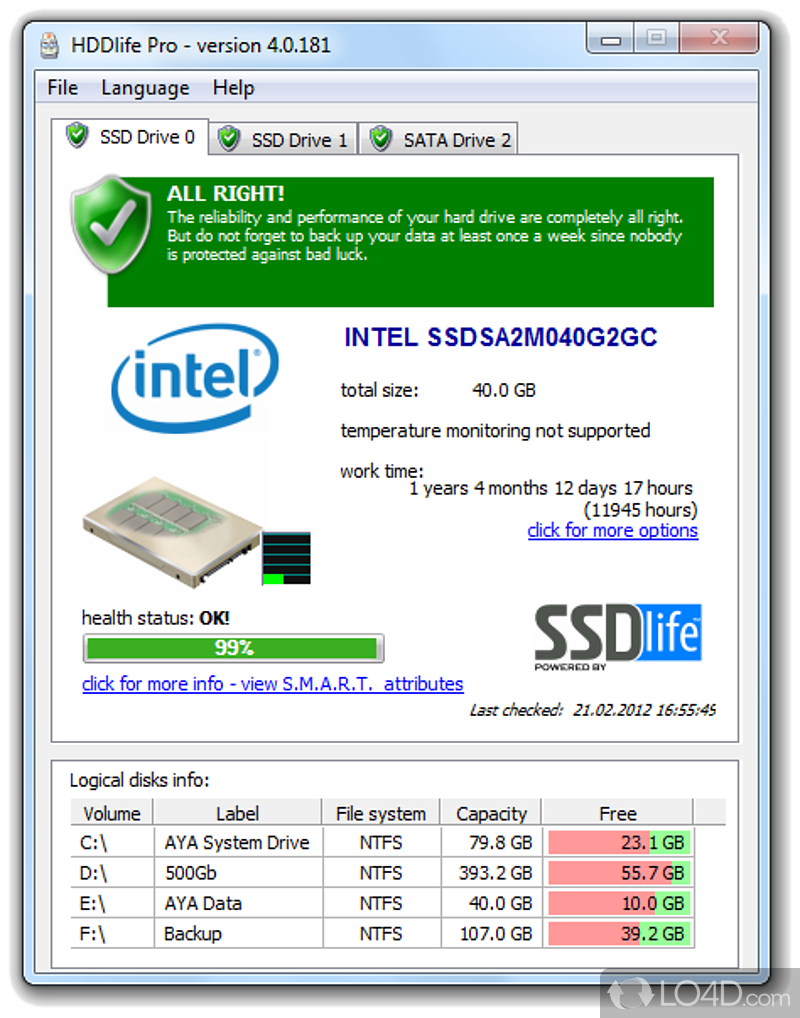 Health status and disk information - Screenshot of HDDlife for Notebooks