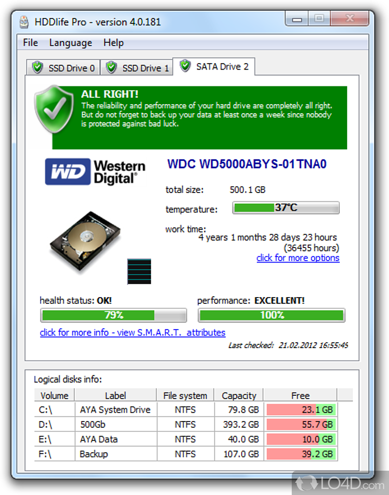 Hard drive monitor software that gives users warning disk failure - Screenshot of HDDlife Pro