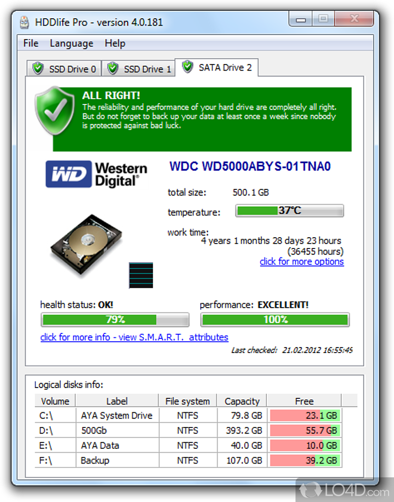 For advanced computer users that displays real-time hard drive statistics, shows alerts - Screenshot of HDDlife