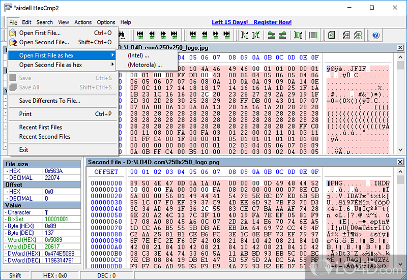 HEX file editor / comparison tool - Screenshot of HexCmp
