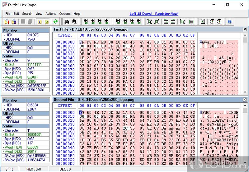 Compare two files by taking a look at their hexadecimal structure using this app that marks different code with red highlights - Screenshot of HexCmp