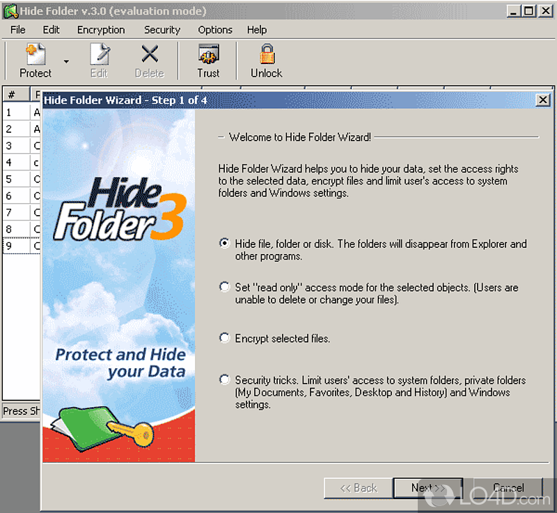 Hide Folder: User interface - Screenshot of Hide Folder
