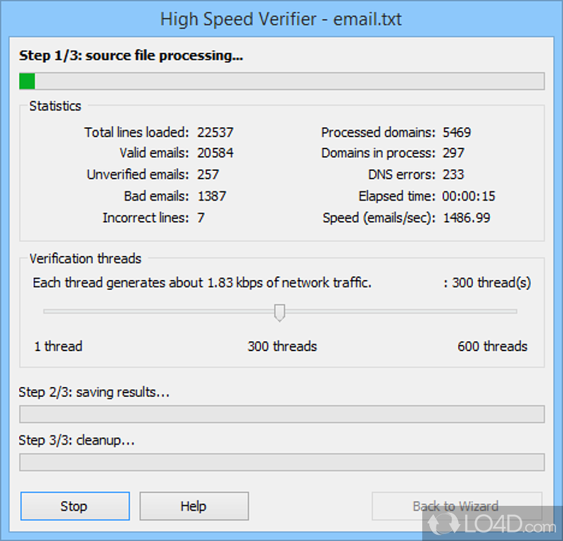 High-speed software designed to remove dead emails from huge mailing lists - Screenshot of High Speed Verifier