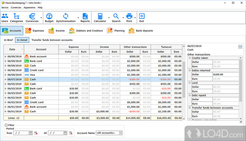 Generate financial reports and view charts - Screenshot of Home Bookkeeping