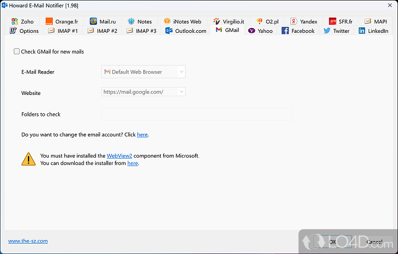 Small email and social media tool to provide notifications - Screenshot of Howard Email Notifier