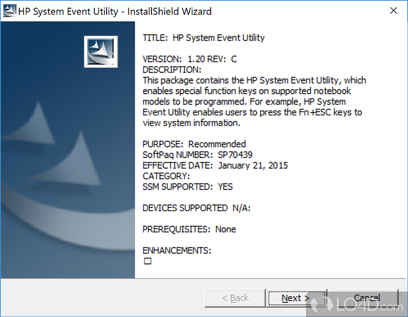 Adds functionality for custom HP functions on laptops - Screenshot of HP System Event Utility