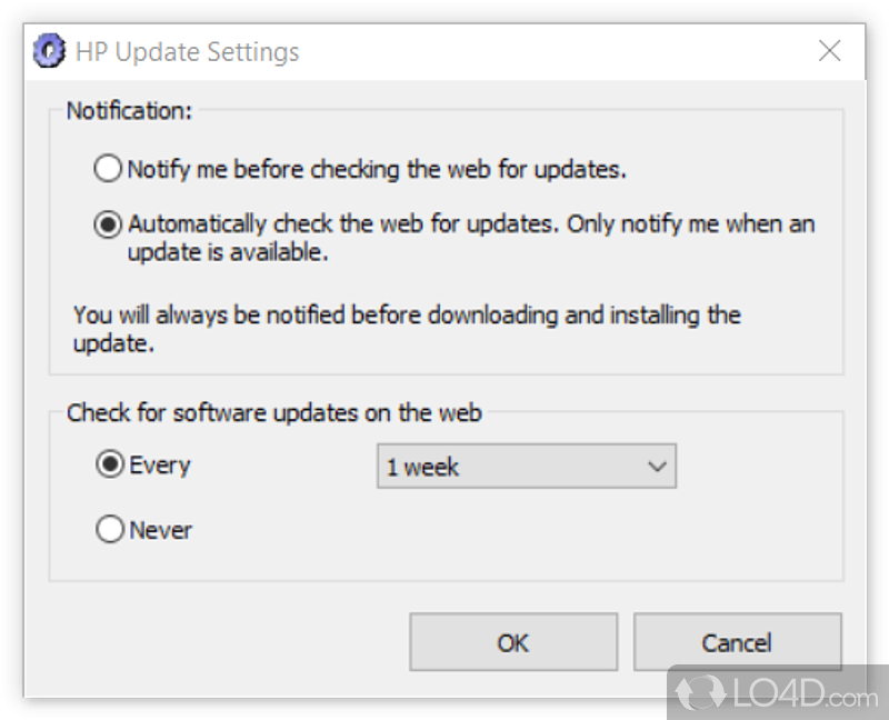 Configuration of automatic updates on a time schedule - Screenshot of HP Update