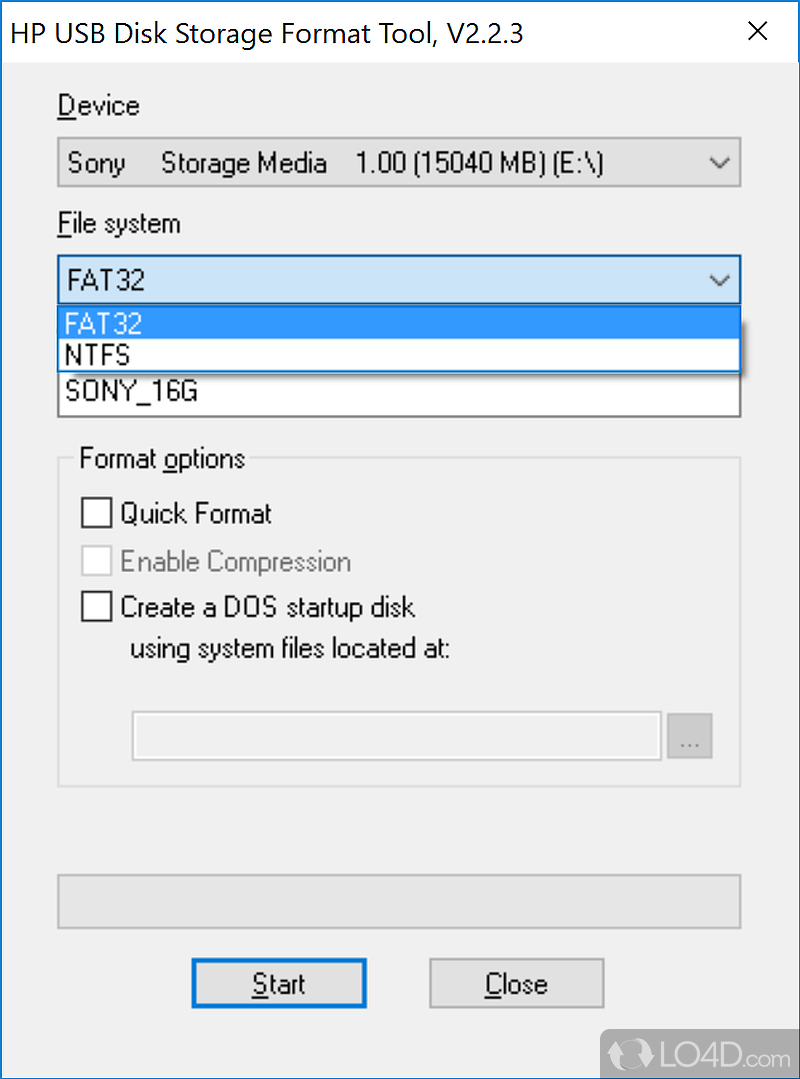 Choose from several formatting options - Screenshot of HP USB Disk Storage Format Tool
