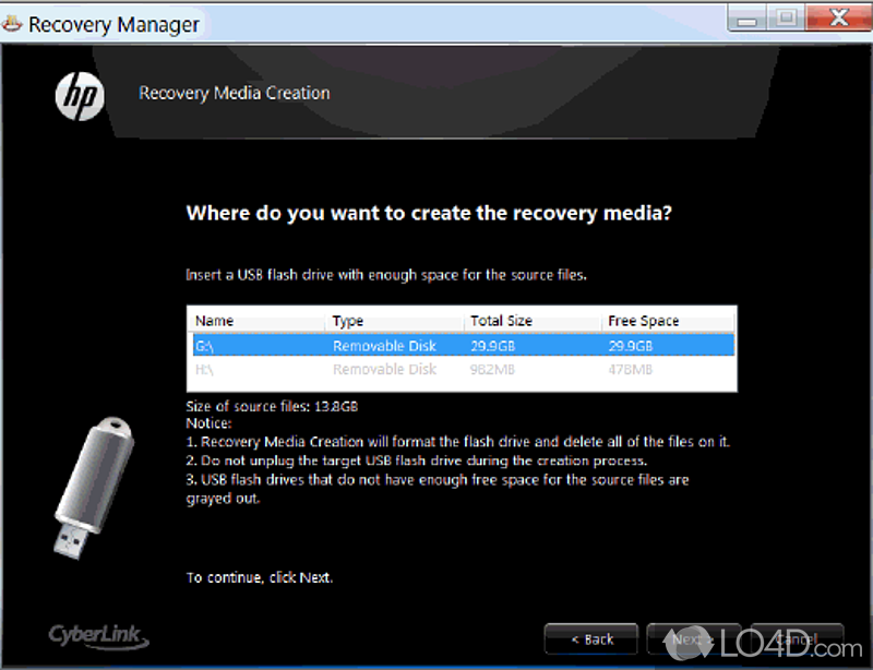 Means of restoring laptop to the original settings by transferring the original factory recovery image to a removable device - Screenshot of HP USB Recovery Flash Disk Utility