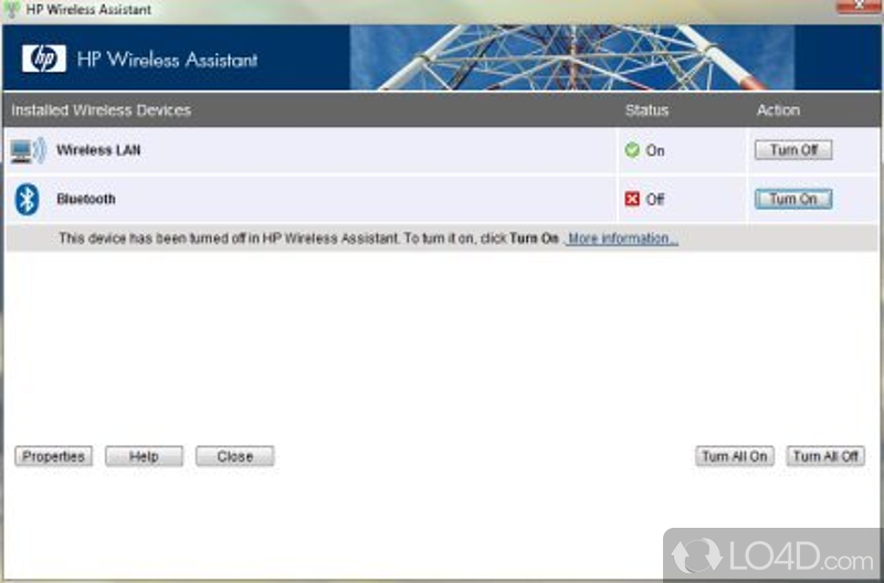 Manage wireless connection - Screenshot of HP Wireless Assistant